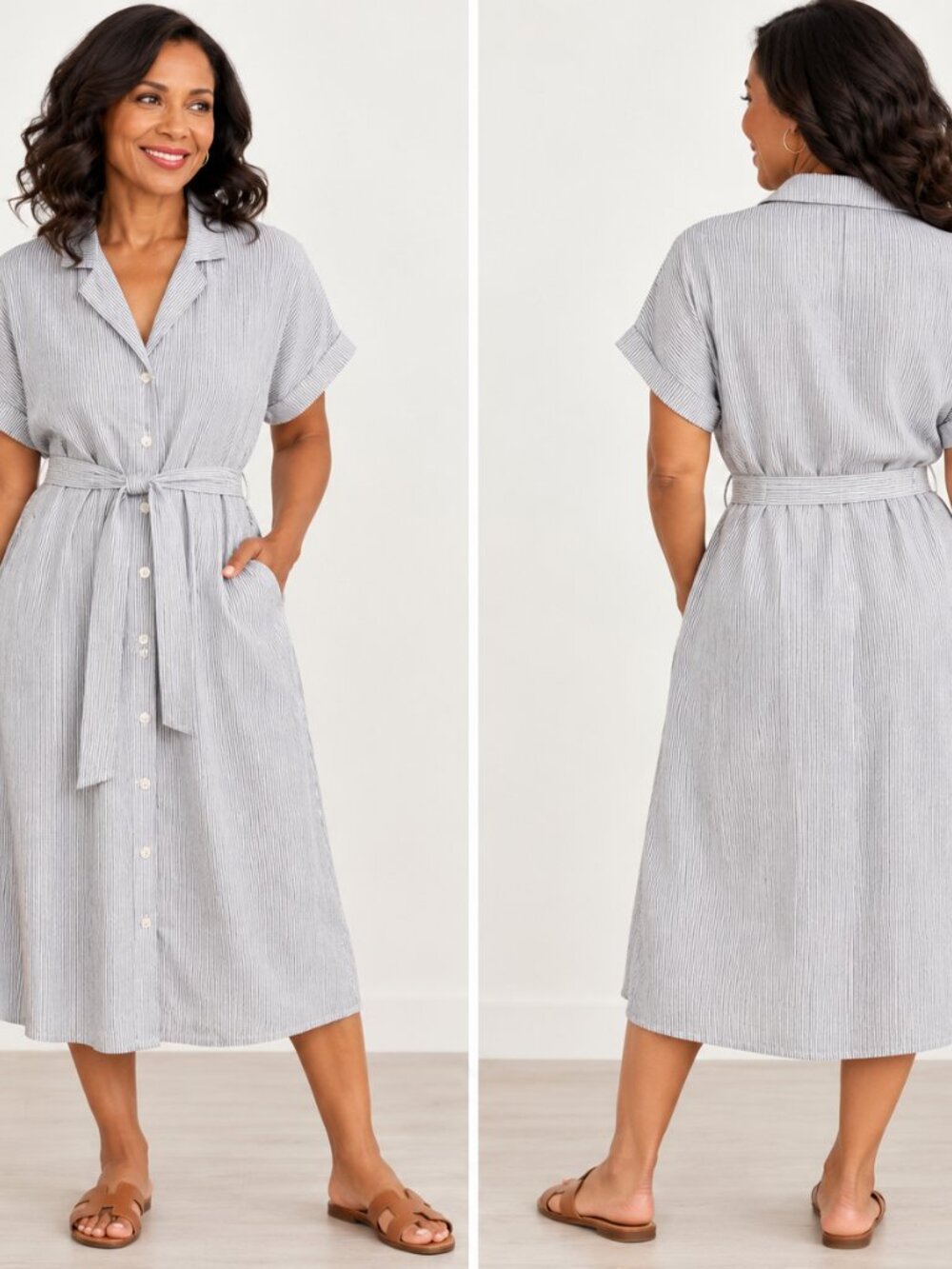 Quince Sz L Blue Pinstripe Linen Belted Midi Shirt Dress Coastal Classic